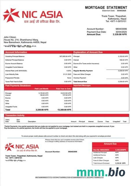 Nepal NIC Asia Bank wyciąg z kredytu hipotecznego szablon Word i PDF